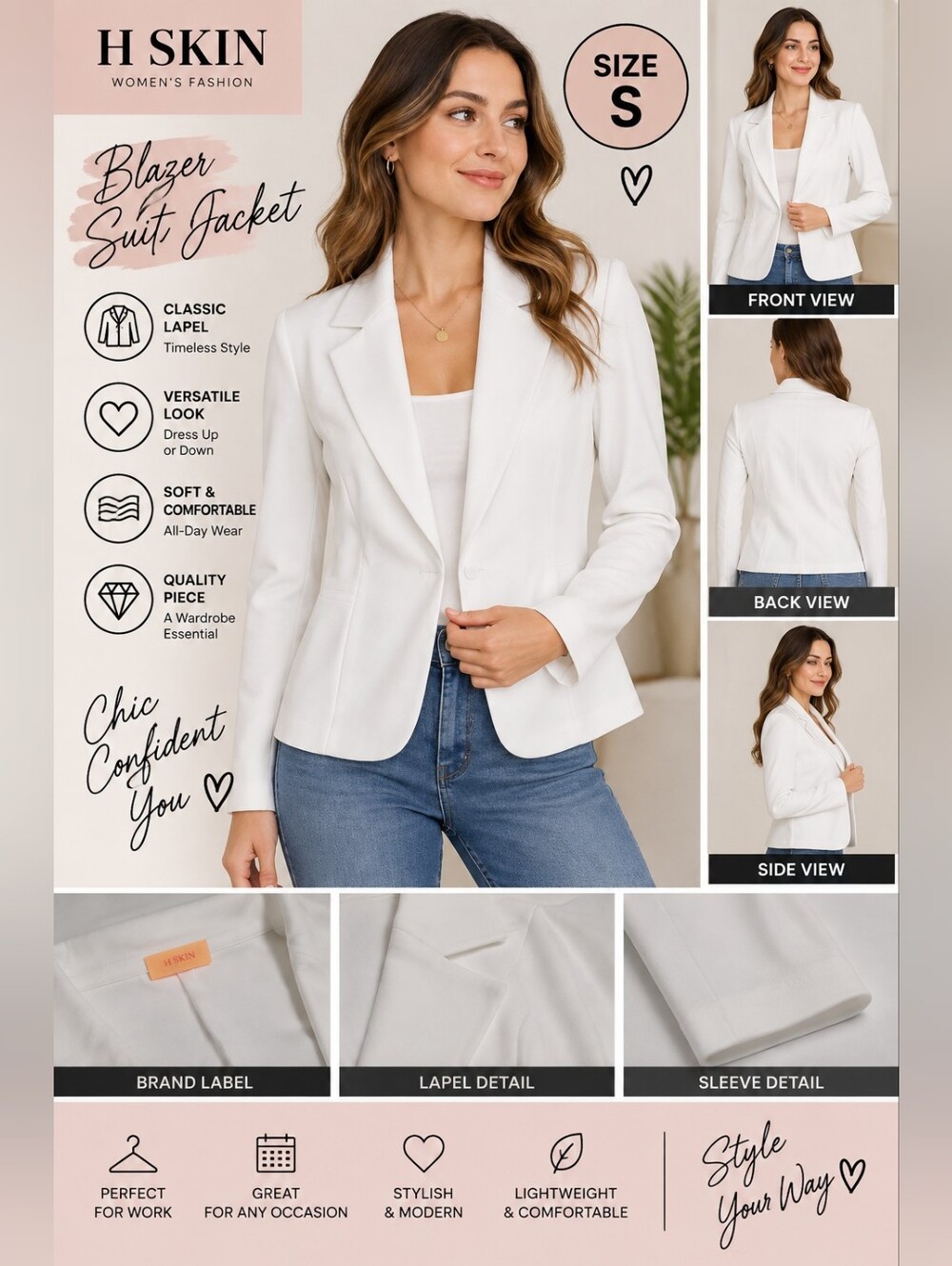 H Skin women's small white blazer suit jacket #29